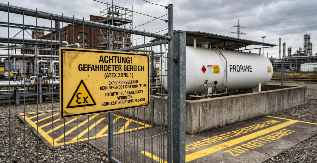 Panneau de signalisation ATEX zone 1 fixé sur une clôture métallique autour d'une citerne propane industrielle en extérieur, avec marquage triangulaire explosion et distances de sécurité peintes au sol