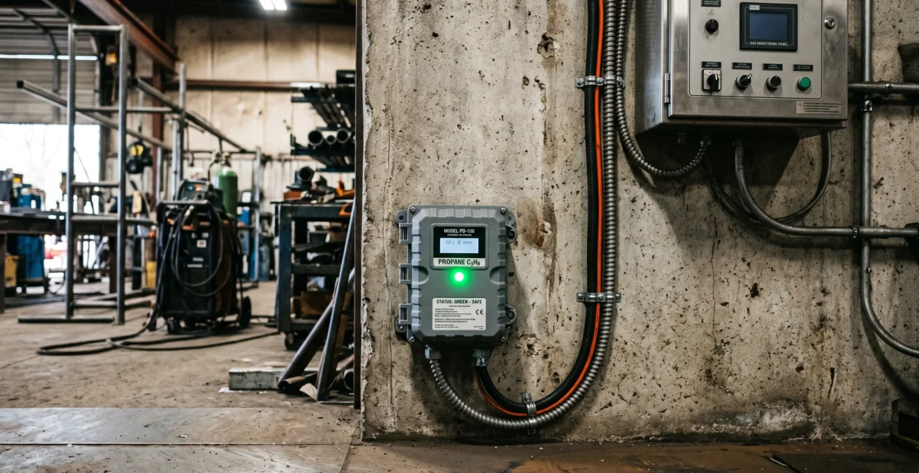 Détecteur de gaz propane fixe installé à hauteur de sol dans un atelier industriel, avec voyant lumineux d'état et câblage apparent vers le tableau de contrôle