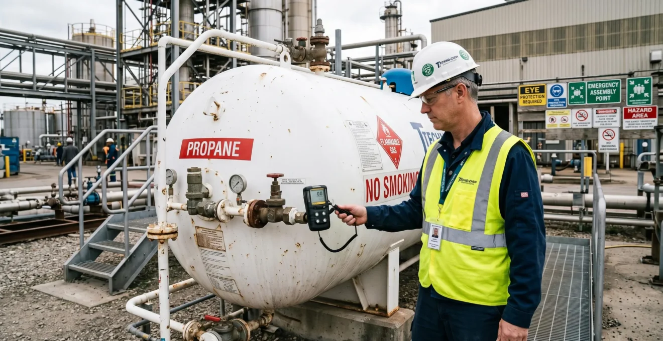 Responsable HSE inspectant une citerne propane dans une zone industrielle extérieure, équipé d'un casque de protection et d'un détecteur de gaz portable